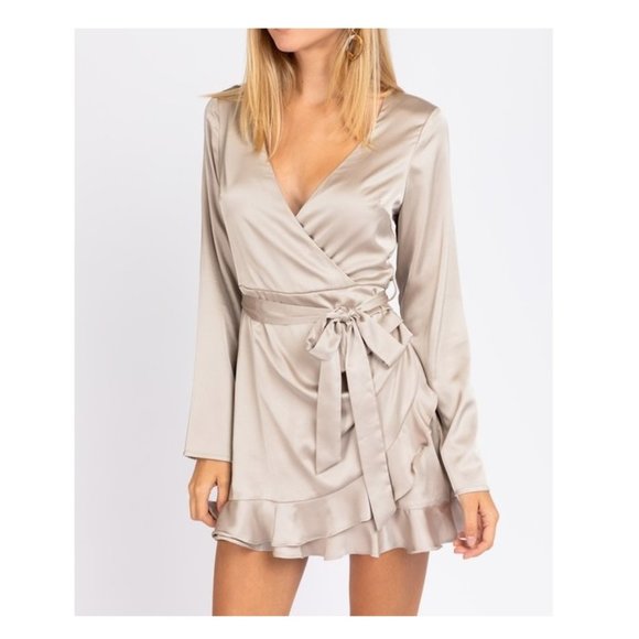 long sleeve satin wrap dress, romper - Picture 3 of 8